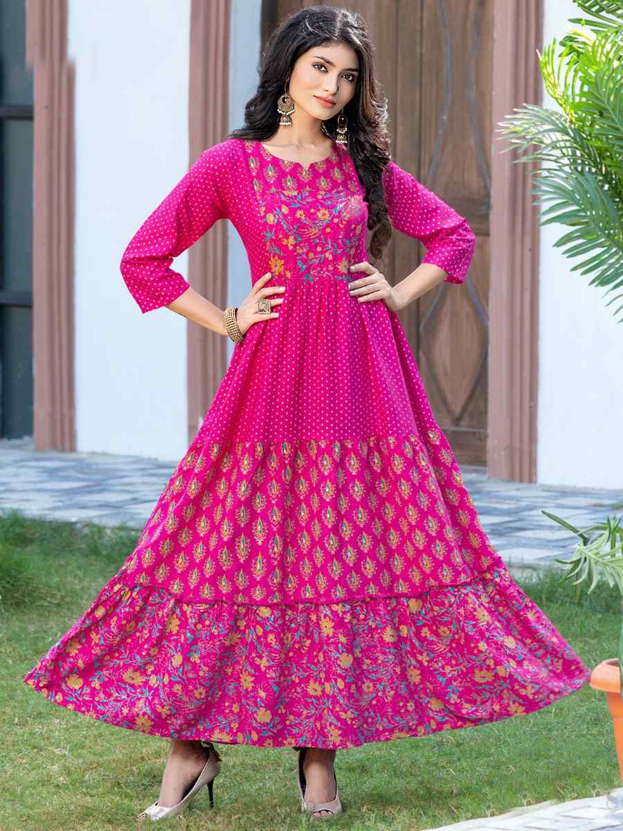 Pink Pure Rayon 14kg Printed Festival Casual Gown