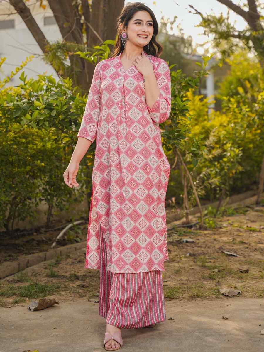 Pink Pure Royan Printed Festival Casual Kurti with Bottom