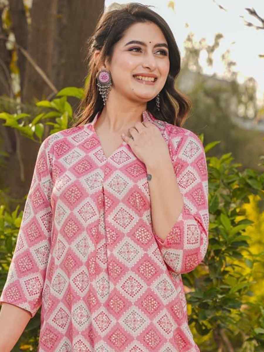 Pink Pure Royan Printed Festival Casual Kurti with Bottom
