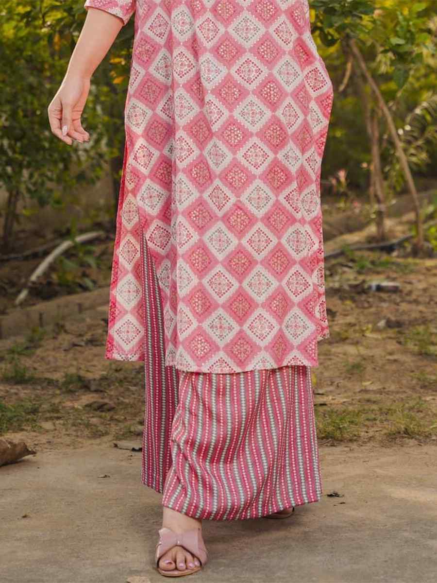 Pink Pure Royan Printed Festival Casual Kurti with Bottom