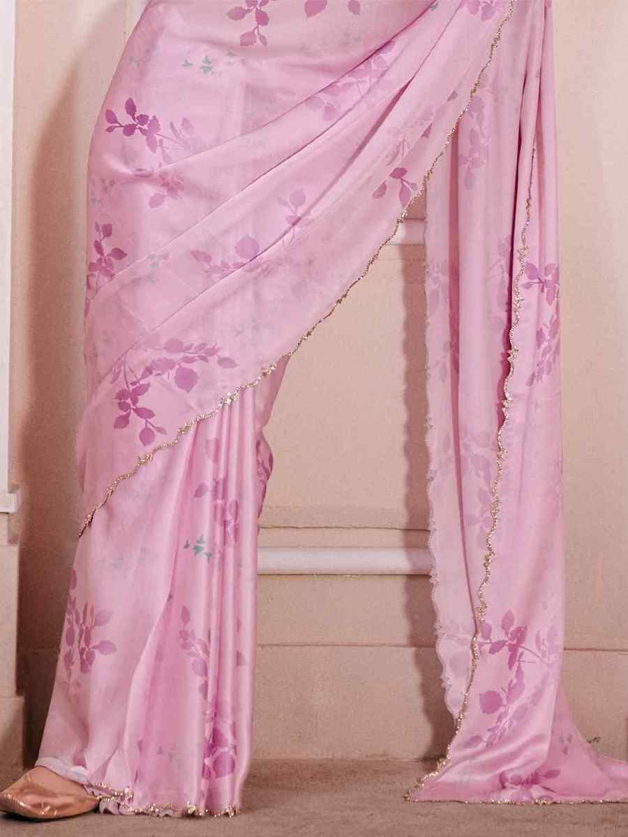 Pink Pure Satin Printed Casual Festival Contemporary Saree