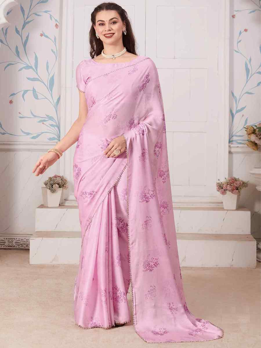 Pink Pure Satin Printed Casual Festival Contemporary Saree