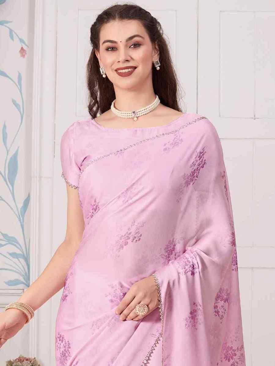 Pink Pure Satin Printed Casual Festival Contemporary Saree