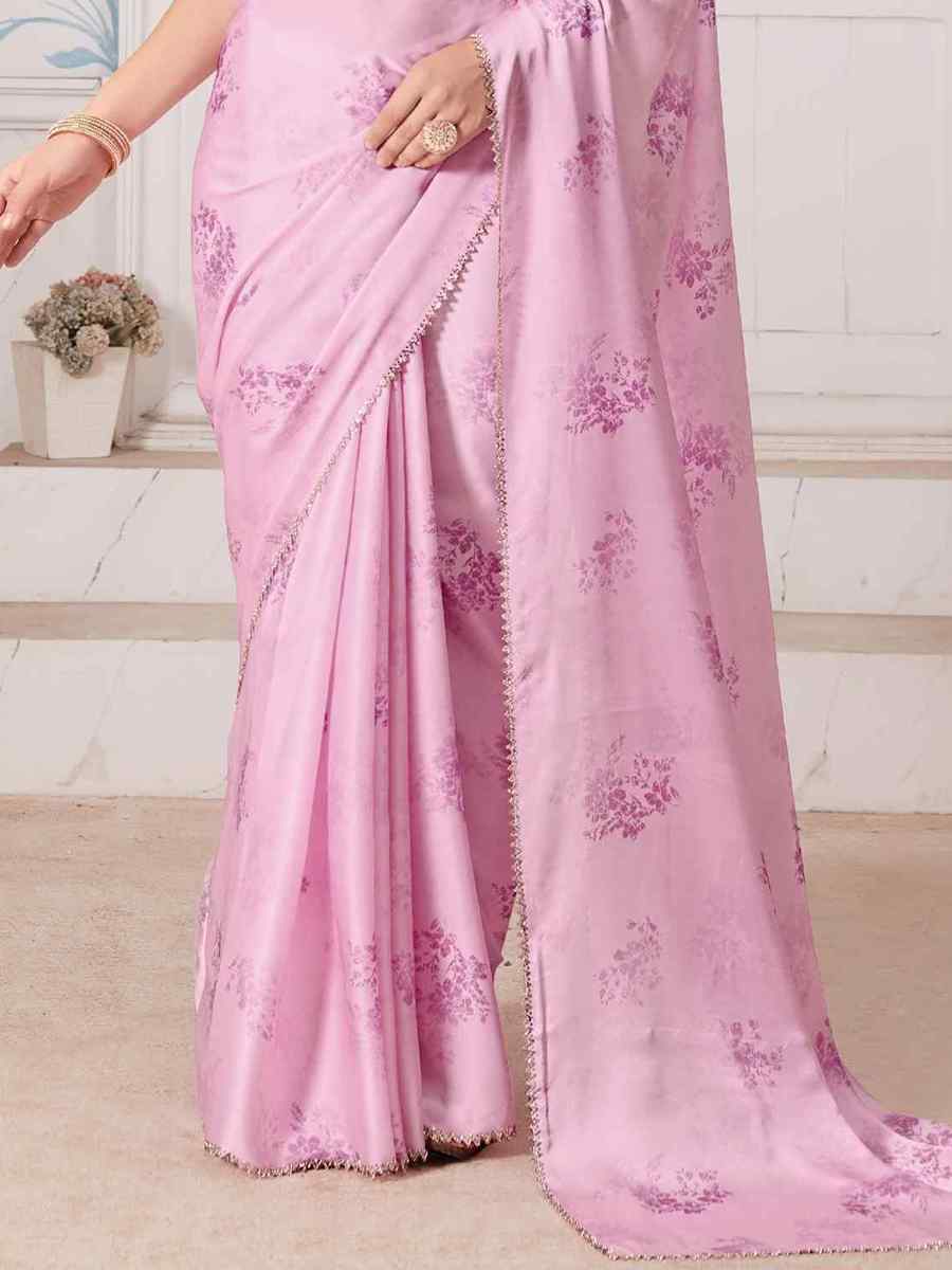 Pink Pure Satin Printed Casual Festival Contemporary Saree