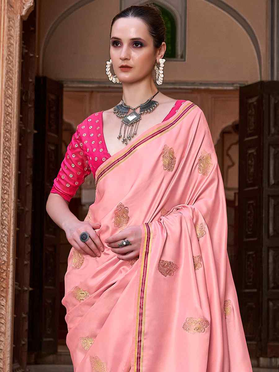 Pink Pure Satin Silk Handwoven Wedding Festival Classic Style Saree