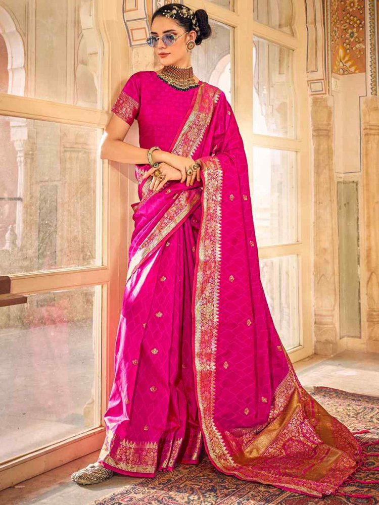 Pink Pure Satin Silk Handwoven Wedding Festival Heavy Border Saree