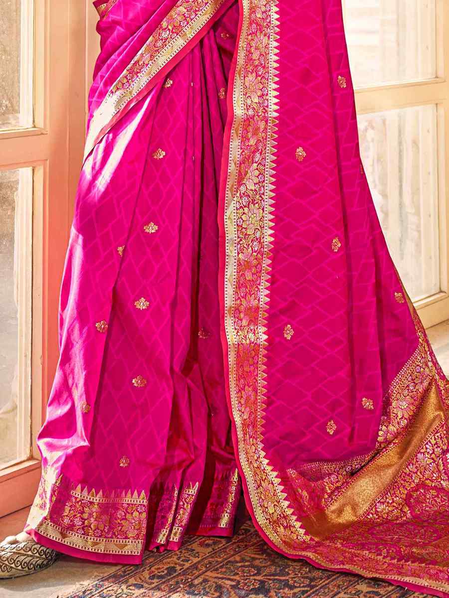 Pink Pure Satin Silk Handwoven Wedding Festival Heavy Border Saree