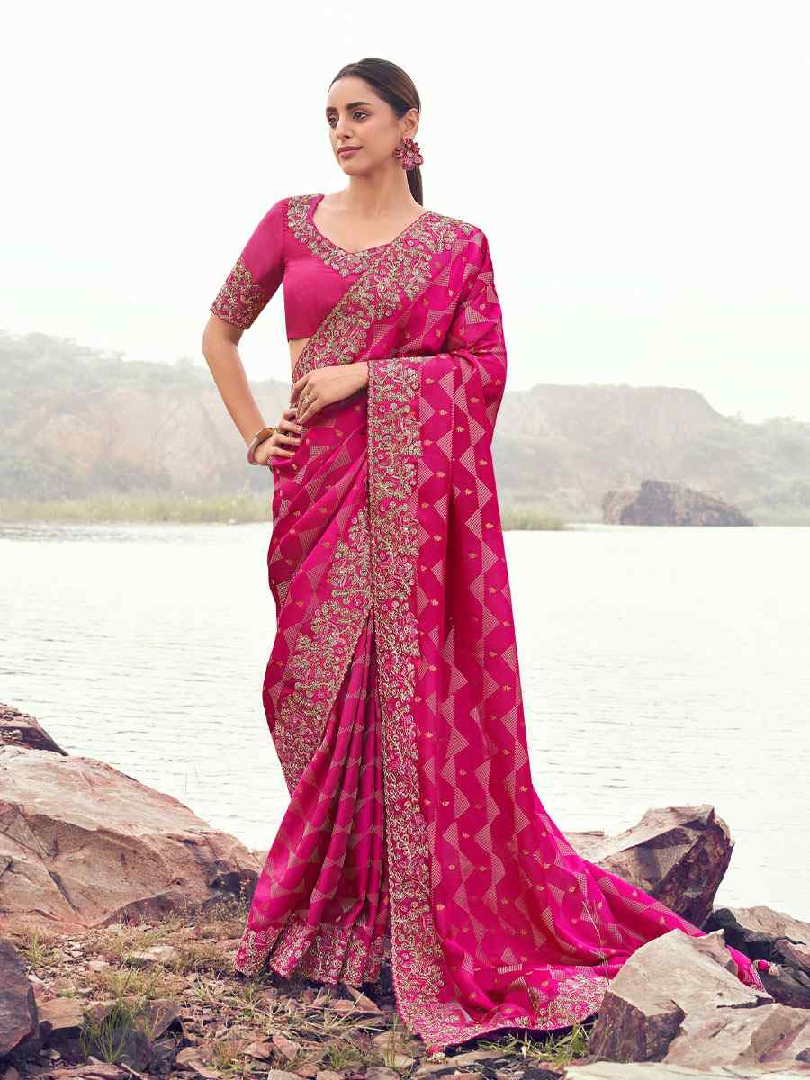 Pink Pure Satin Silk With jacquard Embroidery Bridal Reception Festival Wedding Fancy Heavy Border Saree