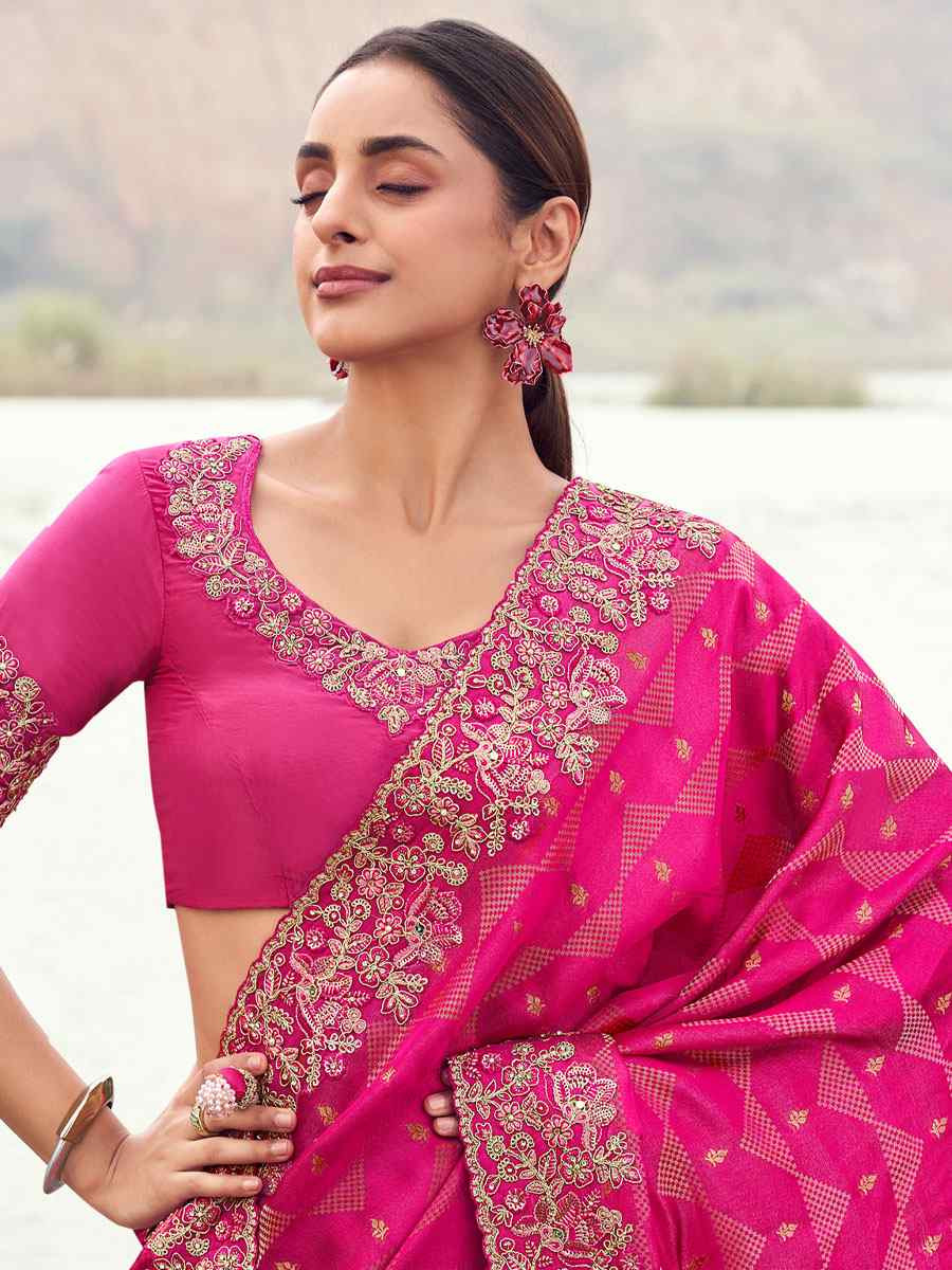 Pink Pure Satin Silk With jacquard Embroidery Bridal Reception Festival Wedding Fancy Heavy Border Saree