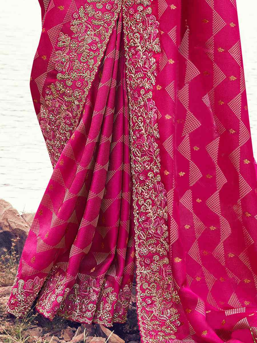 Pink Pure Satin Silk With jacquard Embroidery Bridal Reception Festival Wedding Fancy Heavy Border Saree