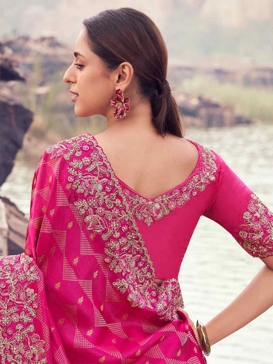 Pink Pure Satin Silk With jacquard Embroidery Bridal Reception Festival Wedding Fancy Heavy Border Saree