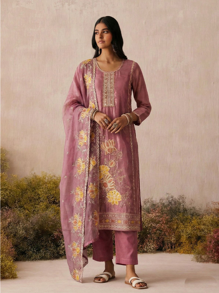 Image of Pink Pure Shimmer Silk Embroidery Floral Sequins Party Wedding Festival Casual Ready Pant Salwar Kameez