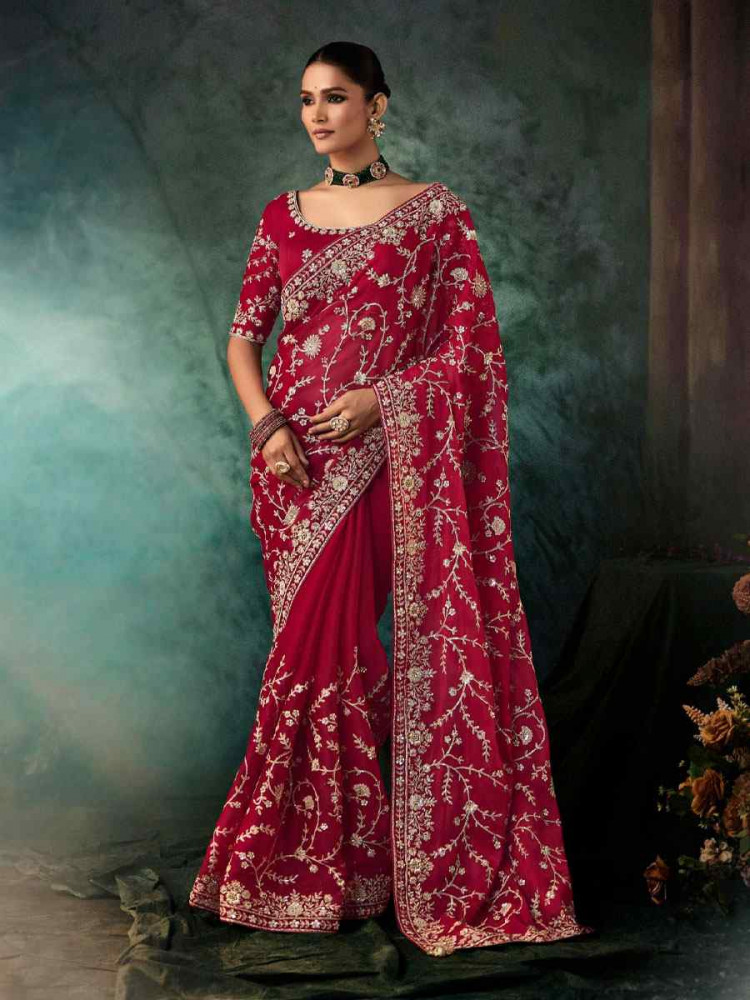 Image of Pink Pure Silk Embroidery Bridal Reception Festival Wedding Fancy Classic Heavy Border Saree