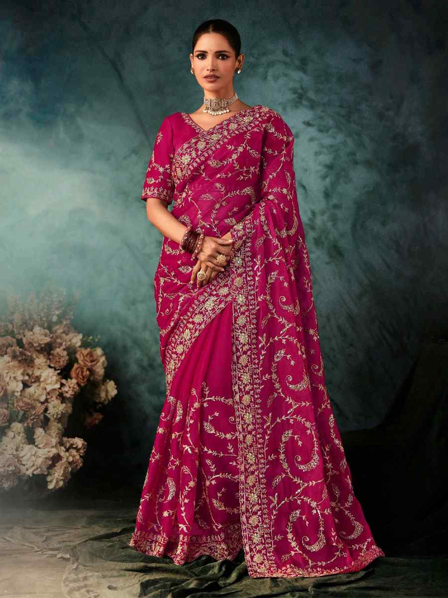 Pink Pure Silk Embroidery Bridal Reception Festival Wedding Fancy Classic Heavy Border Saree