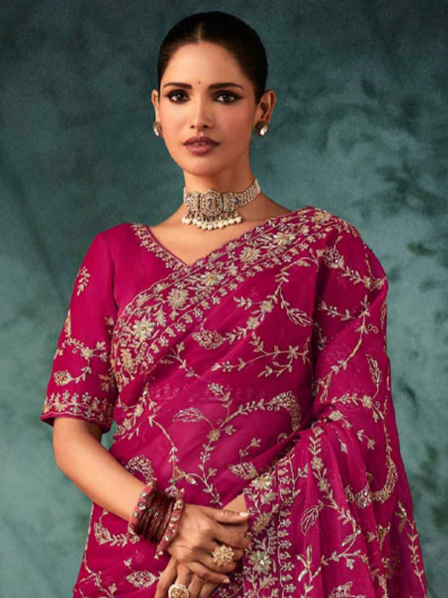 Pink Pure Silk Embroidery Bridal Reception Festival Wedding Fancy Classic Heavy Border Saree