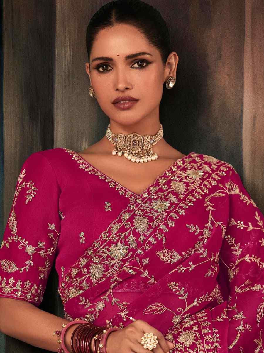 Pink Pure Silk Embroidery Bridal Reception Festival Wedding Fancy Classic Heavy Border Saree