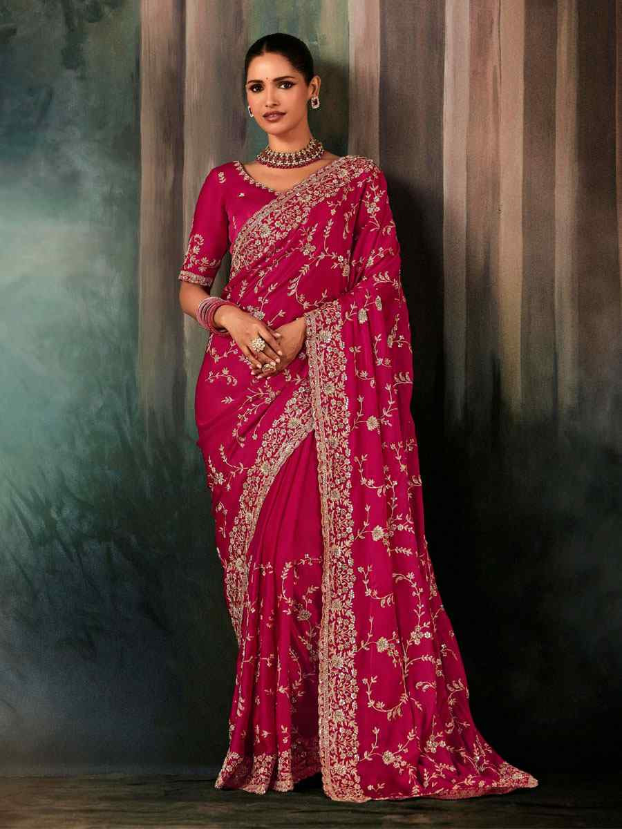 Pink Pure Silk Embroidery Bridal Reception Festival Wedding Fancy Classic Heavy Border Saree