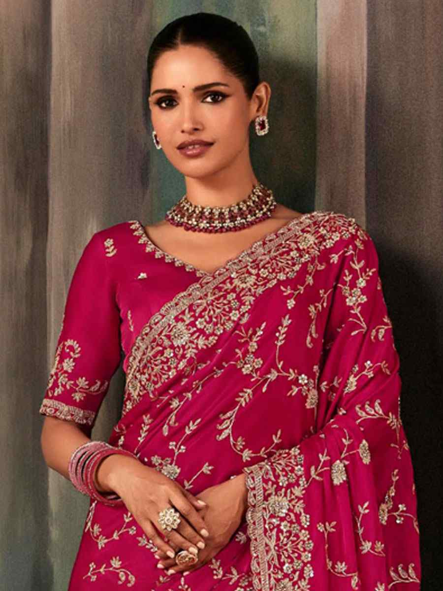 Pink Pure Silk Embroidery Bridal Reception Festival Wedding Fancy Classic Heavy Border Saree