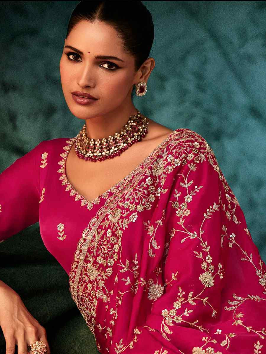 Pink Pure Silk Embroidery Bridal Reception Festival Wedding Fancy Classic Heavy Border Saree