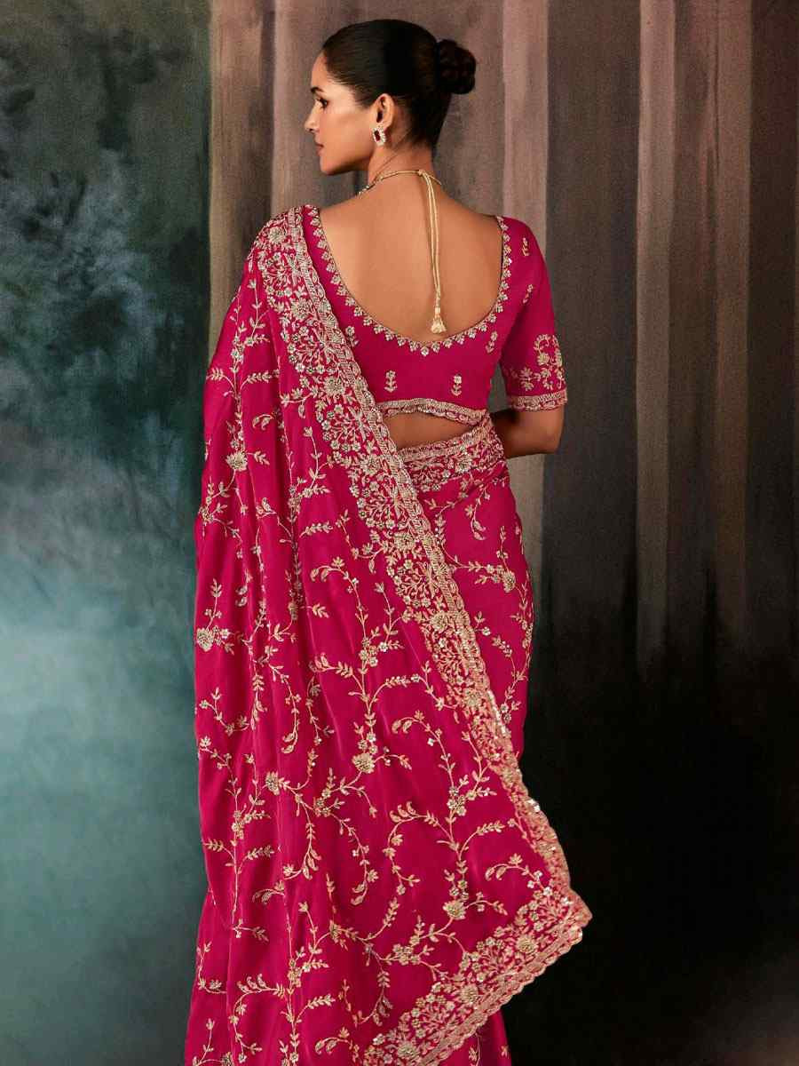 Pink Pure Silk Embroidery Bridal Reception Festival Wedding Fancy Classic Heavy Border Saree