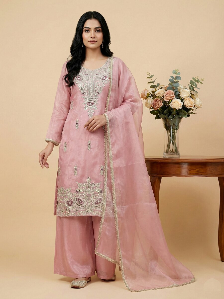 Pink Pure Silk Embroidery Sequins Zari Party Wedding Engagement Festival Ready Palazzo Pant Salwar Kameez