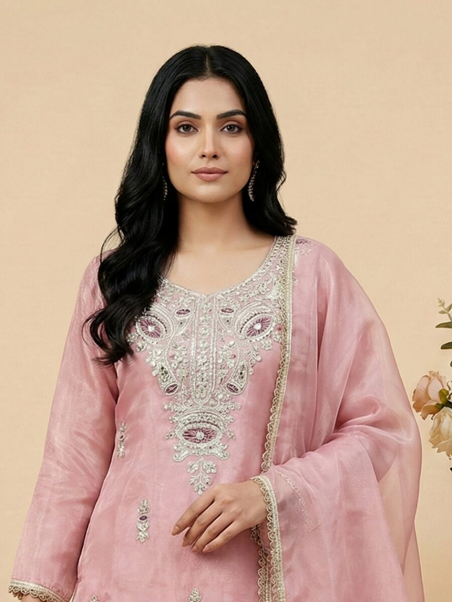 Pink Pure Silk Embroidery Sequins Zari Party Wedding Engagement Festival Ready Palazzo Pant Salwar Kameez
