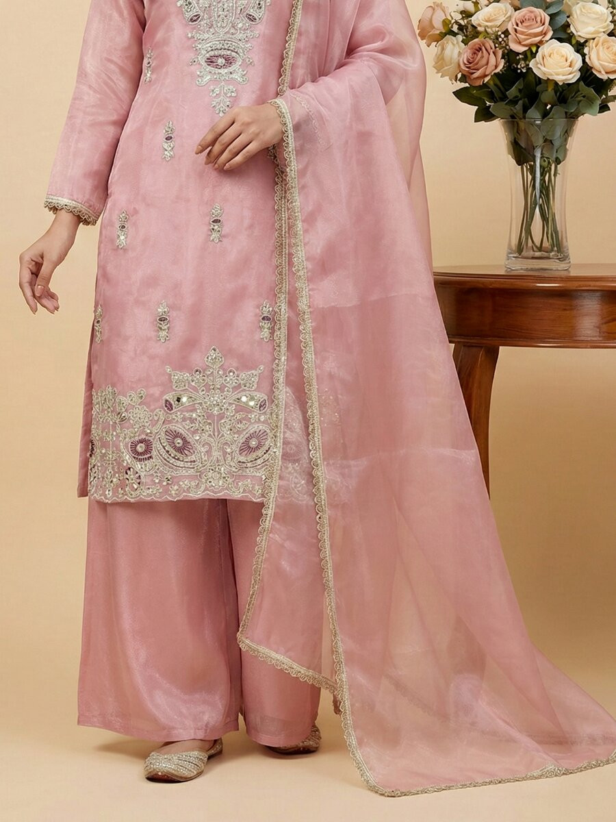 Pink Pure Silk Embroidery Sequins Zari Party Wedding Engagement Festival Ready Palazzo Pant Salwar Kameez