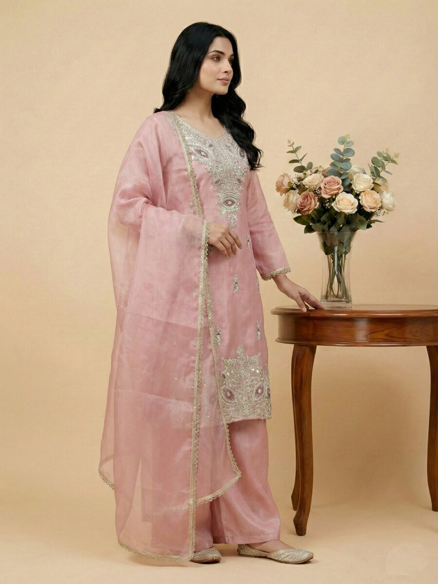 Pink Pure Silk Embroidery Sequins Zari Party Wedding Engagement Festival Ready Palazzo Pant Salwar Kameez