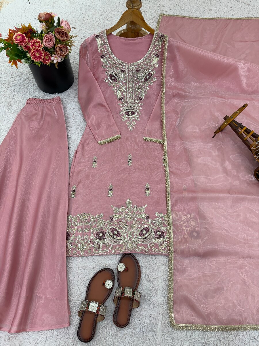 Pink Pure Silk Embroidery Sequins Zari Party Wedding Engagement Festival Ready Palazzo Pant Salwar Kameez