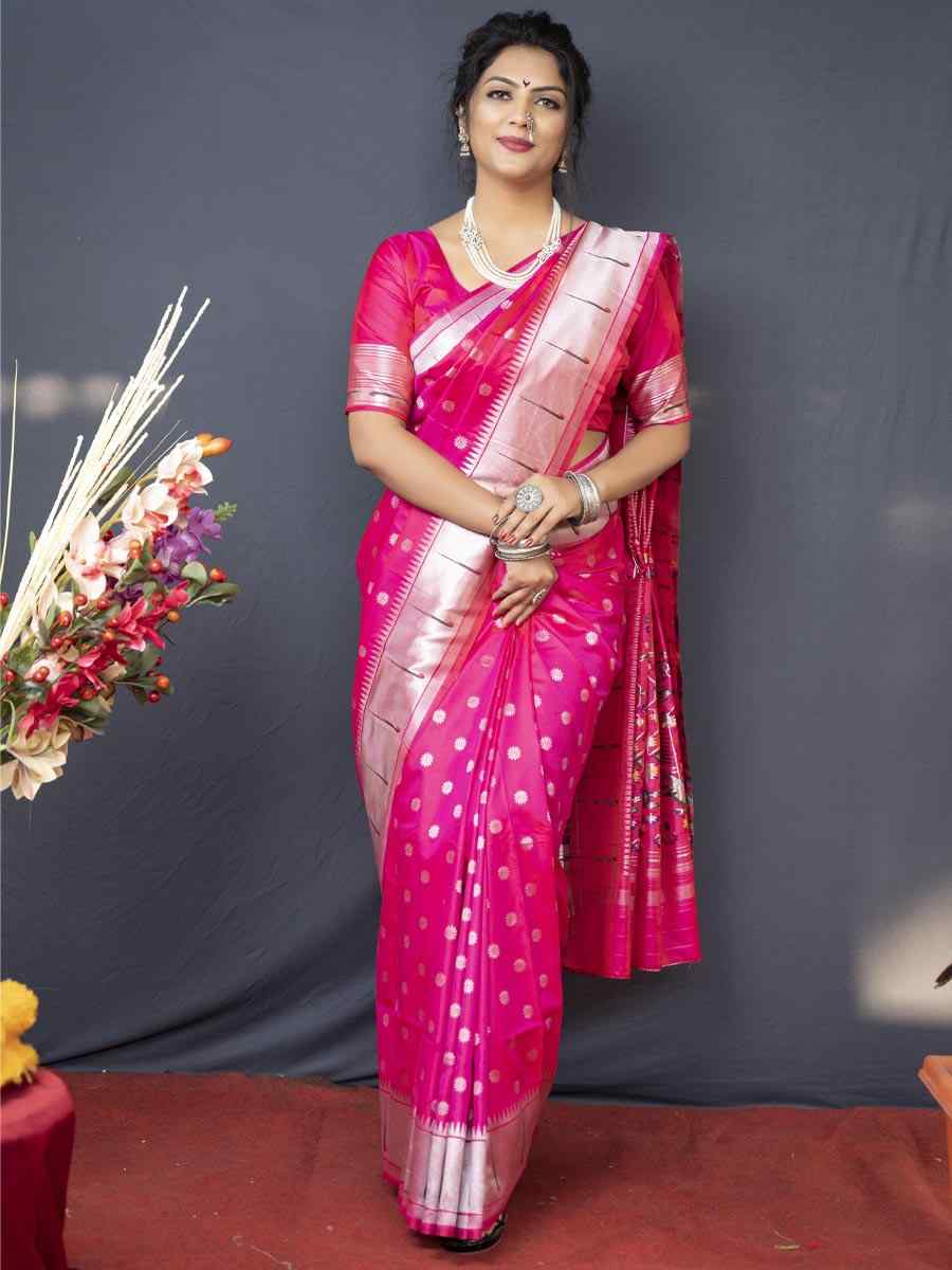 Pink Pure Soft Paithani Silk Handwoven Wedding Festival Heavy Border Saree