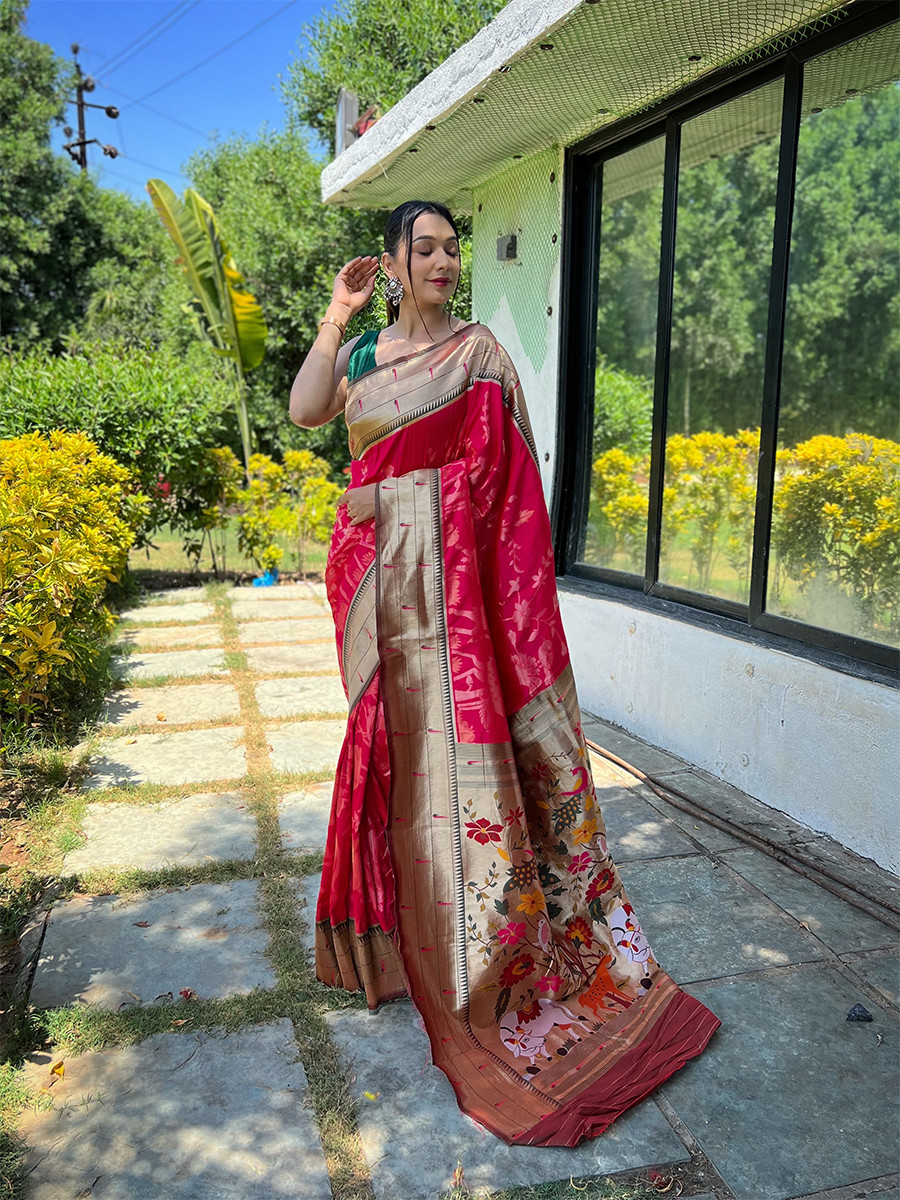 Pink Pure Soft Paithani Silk Zari Wedding Reception Party Festival Casual Heavy Border Sarees