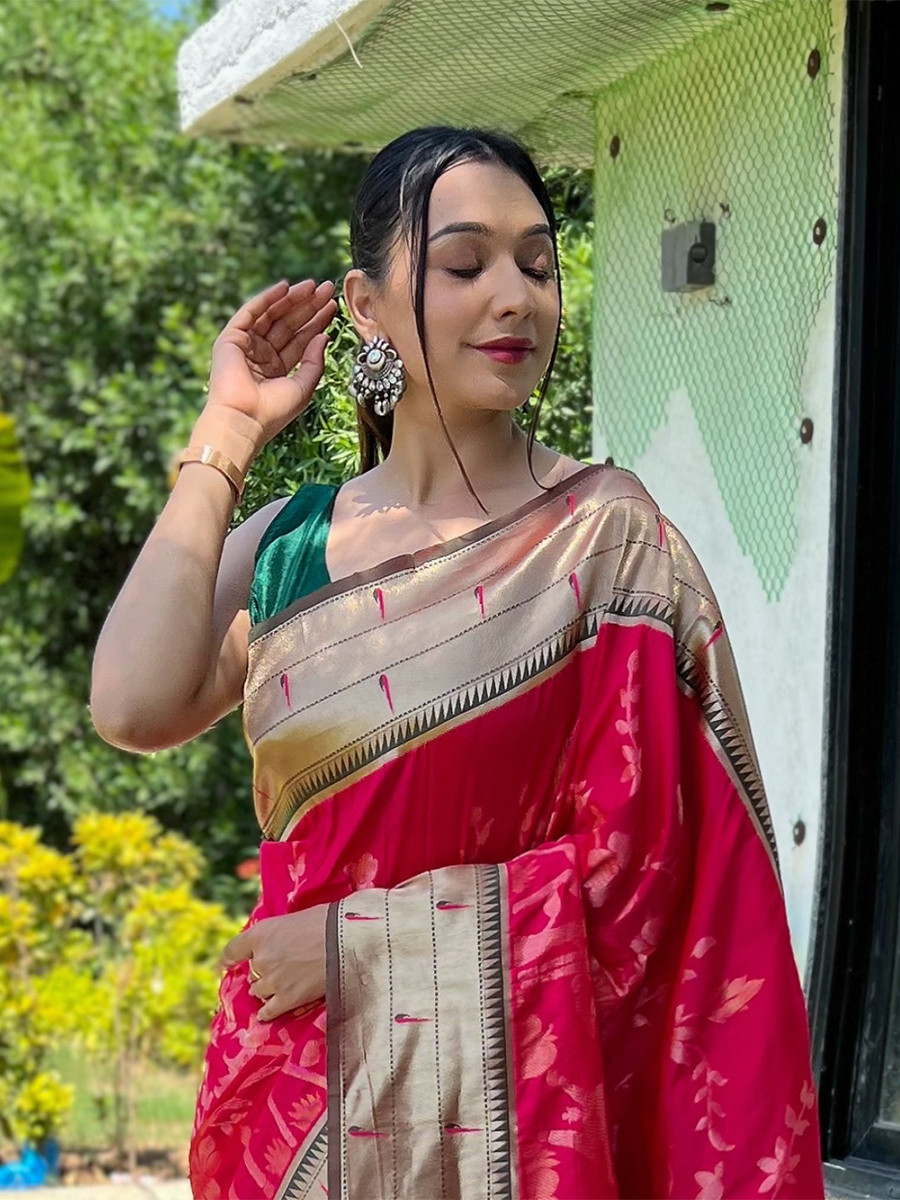 Pink Pure Soft Paithani Silk Zari Wedding Reception Party Festival Casual Heavy Border Sarees