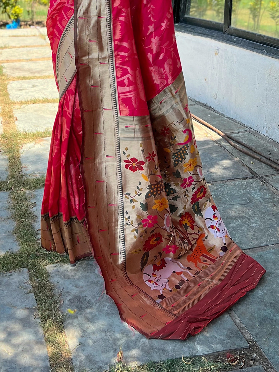 Pink Pure Soft Paithani Silk Zari Wedding Reception Party Festival Casual Heavy Border Sarees
