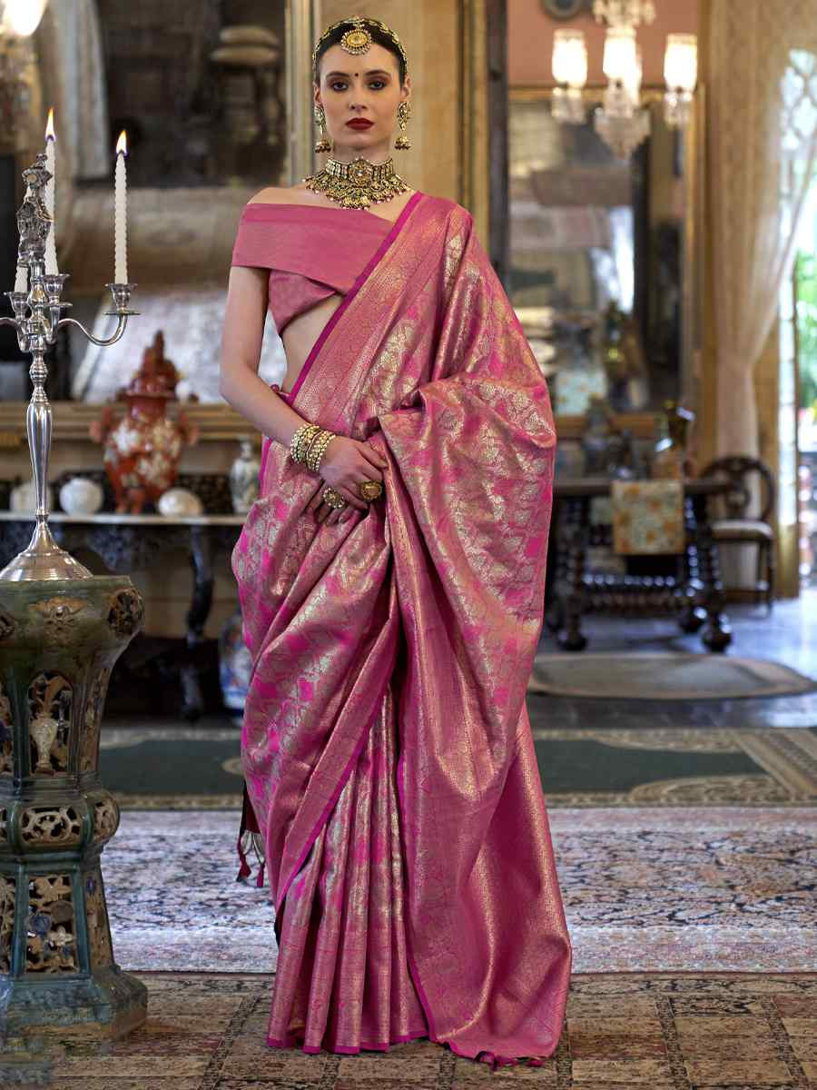 Pink Pure Tissue Dharmavaram Silk Handwoven Party Bridal Reception Festival Wedding Fancy Heavy Border Saree