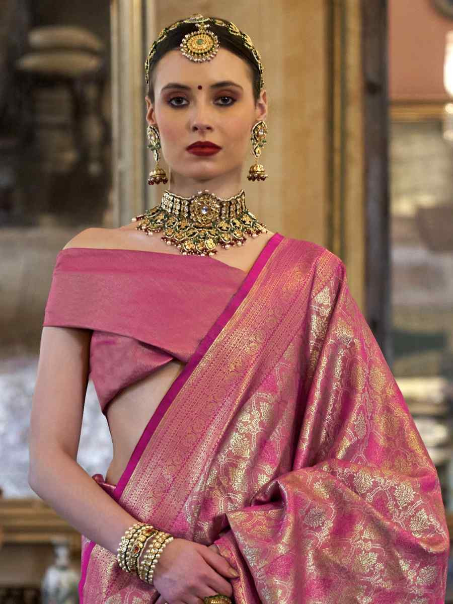 Pink Pure Tissue Dharmavaram Silk Handwoven Party Bridal Reception Festival Wedding Fancy Heavy Border Saree