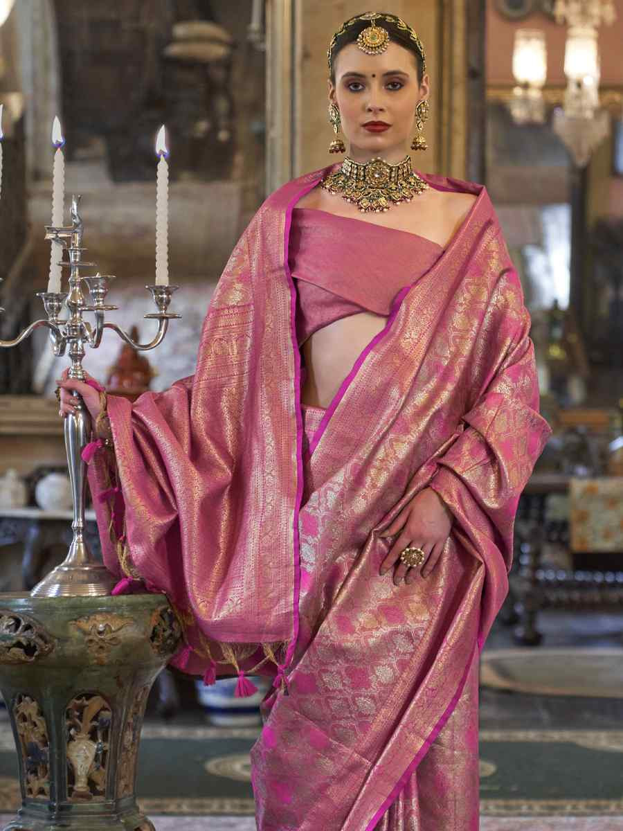Pink Pure Tissue Dharmavaram Silk Handwoven Party Bridal Reception Festival Wedding Fancy Heavy Border Saree