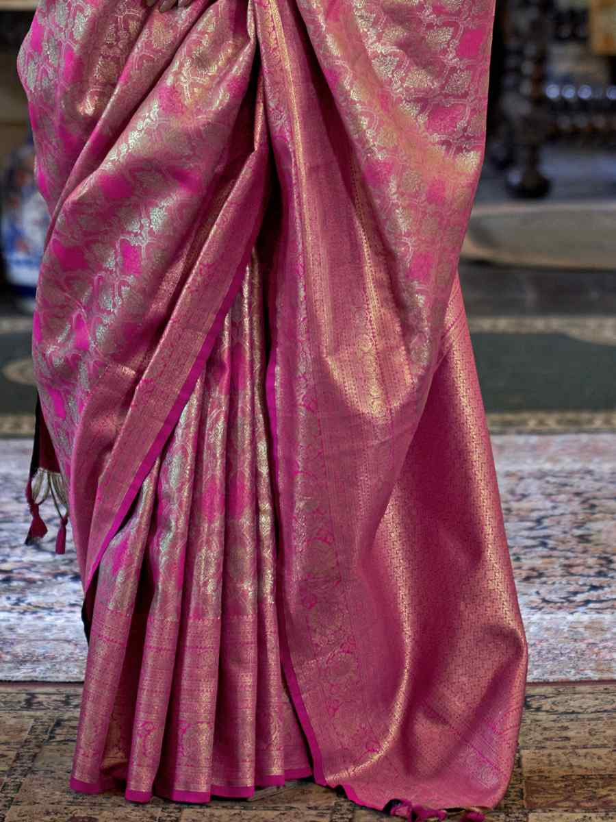 Pink Pure Tissue Dharmavaram Silk Handwoven Party Bridal Reception Festival Wedding Fancy Heavy Border Saree