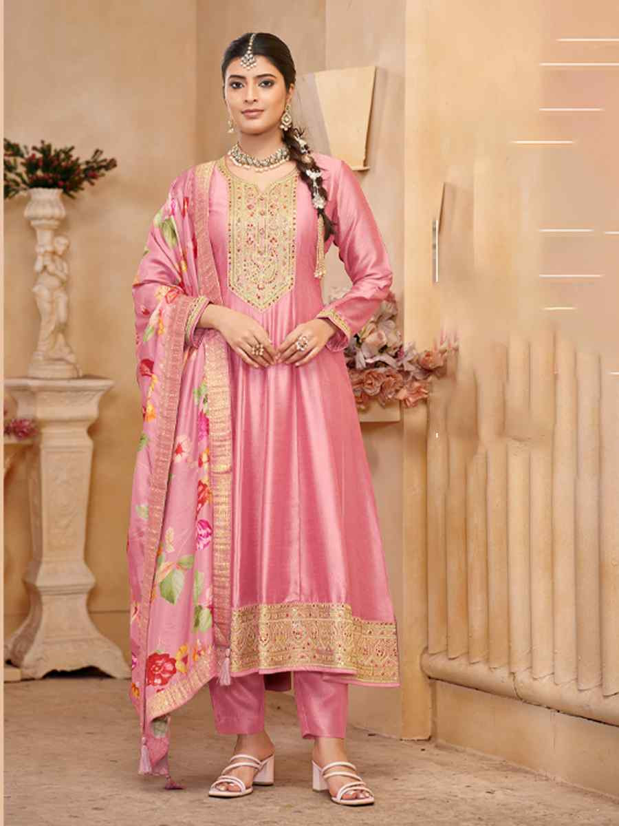 Pink Pure Vichitra Silk Embroidered Festival Casual Anarkali Salwar Kameez