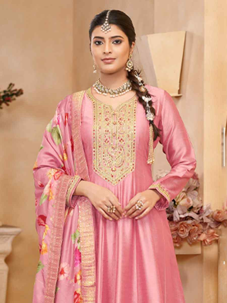 Pink Pure Vichitra Silk Embroidered Festival Casual Anarkali Salwar Kameez