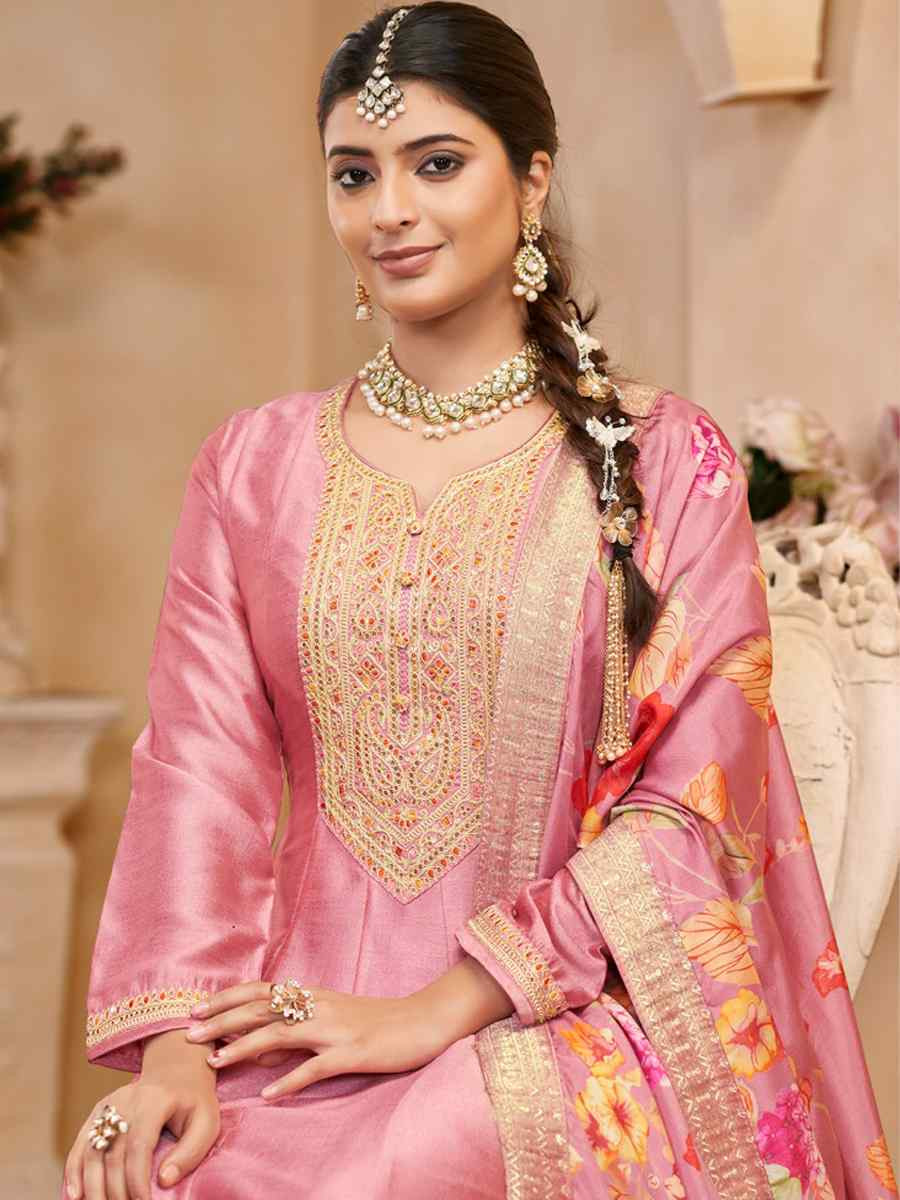 Pink Pure Vichitra Silk Embroidered Festival Casual Anarkali Salwar Kameez