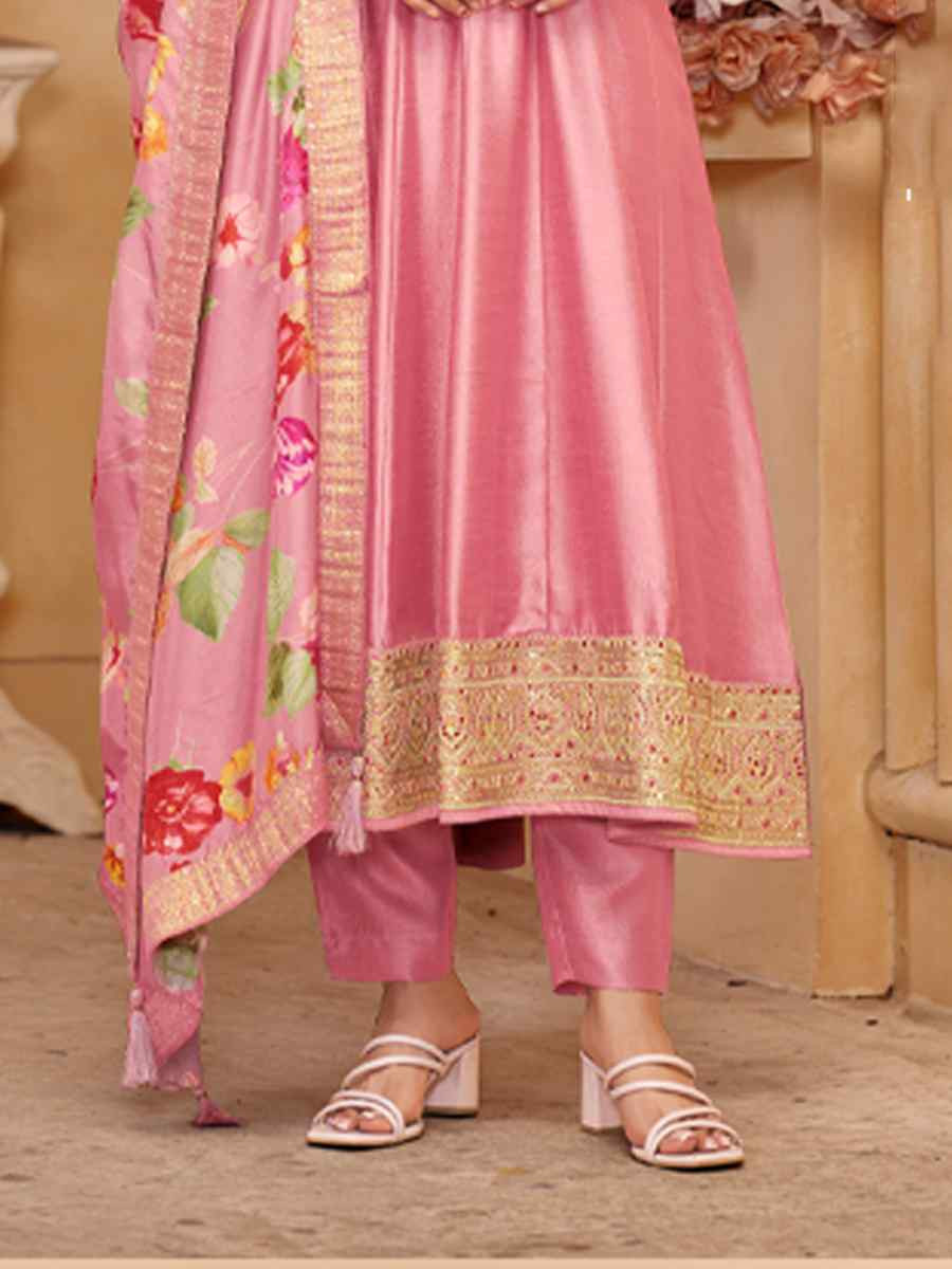 Pink Pure Vichitra Silk Embroidered Festival Casual Anarkali Salwar Kameez