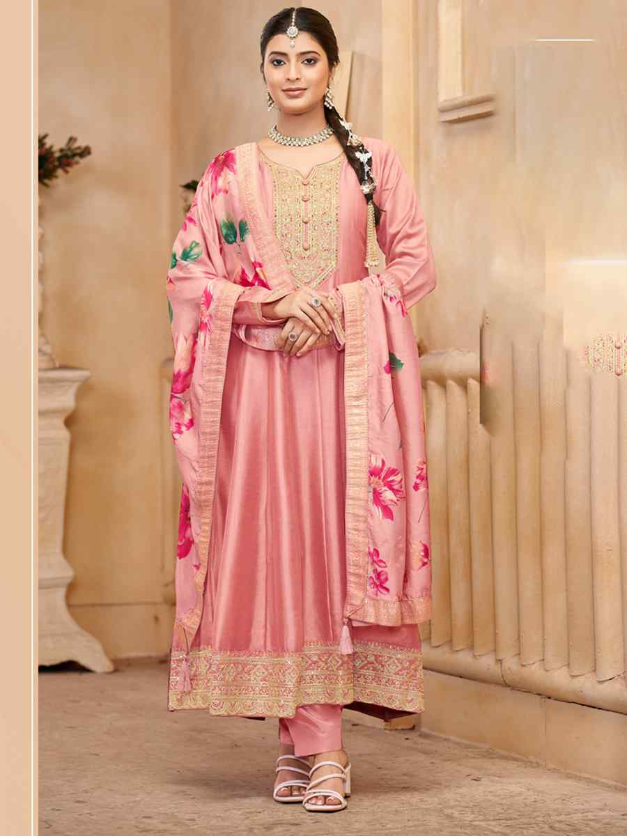 Pink Pure Vichitra Silk Embroidered Festival Casual Anarkali Salwar Kameez