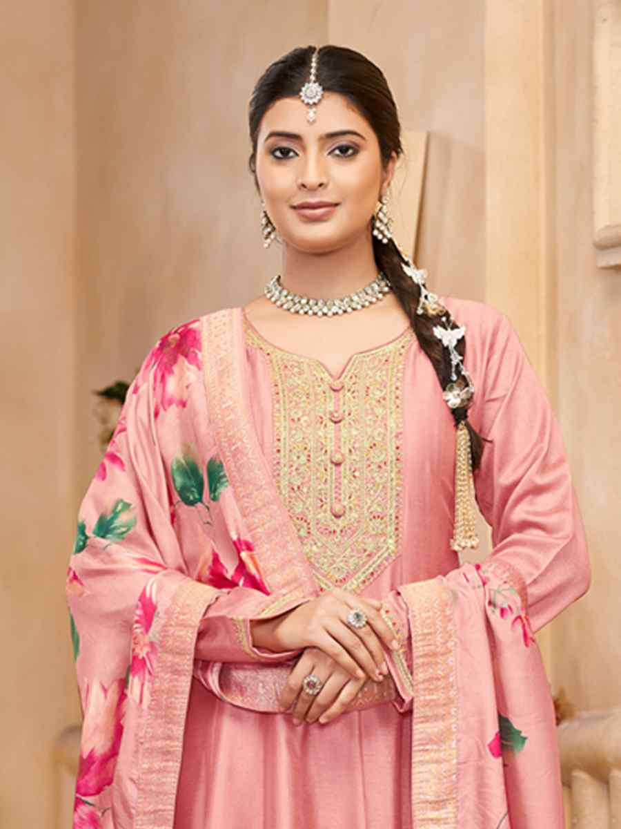 Pink Pure Vichitra Silk Embroidered Festival Casual Anarkali Salwar Kameez