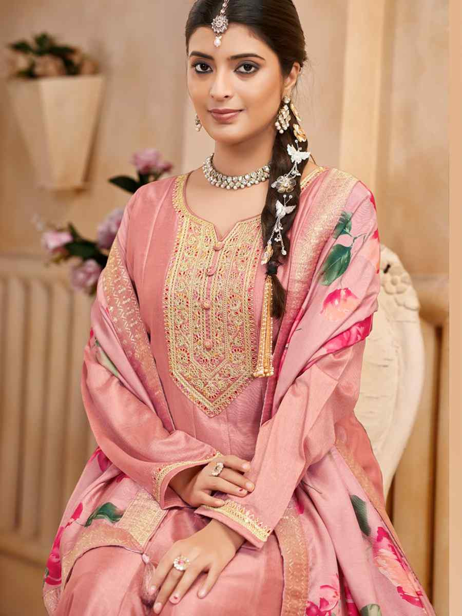 Pink Pure Vichitra Silk Embroidered Festival Casual Anarkali Salwar Kameez