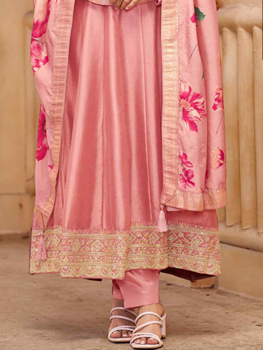 Pink Pure Vichitra Silk Embroidered Festival Casual Anarkali Salwar Kameez