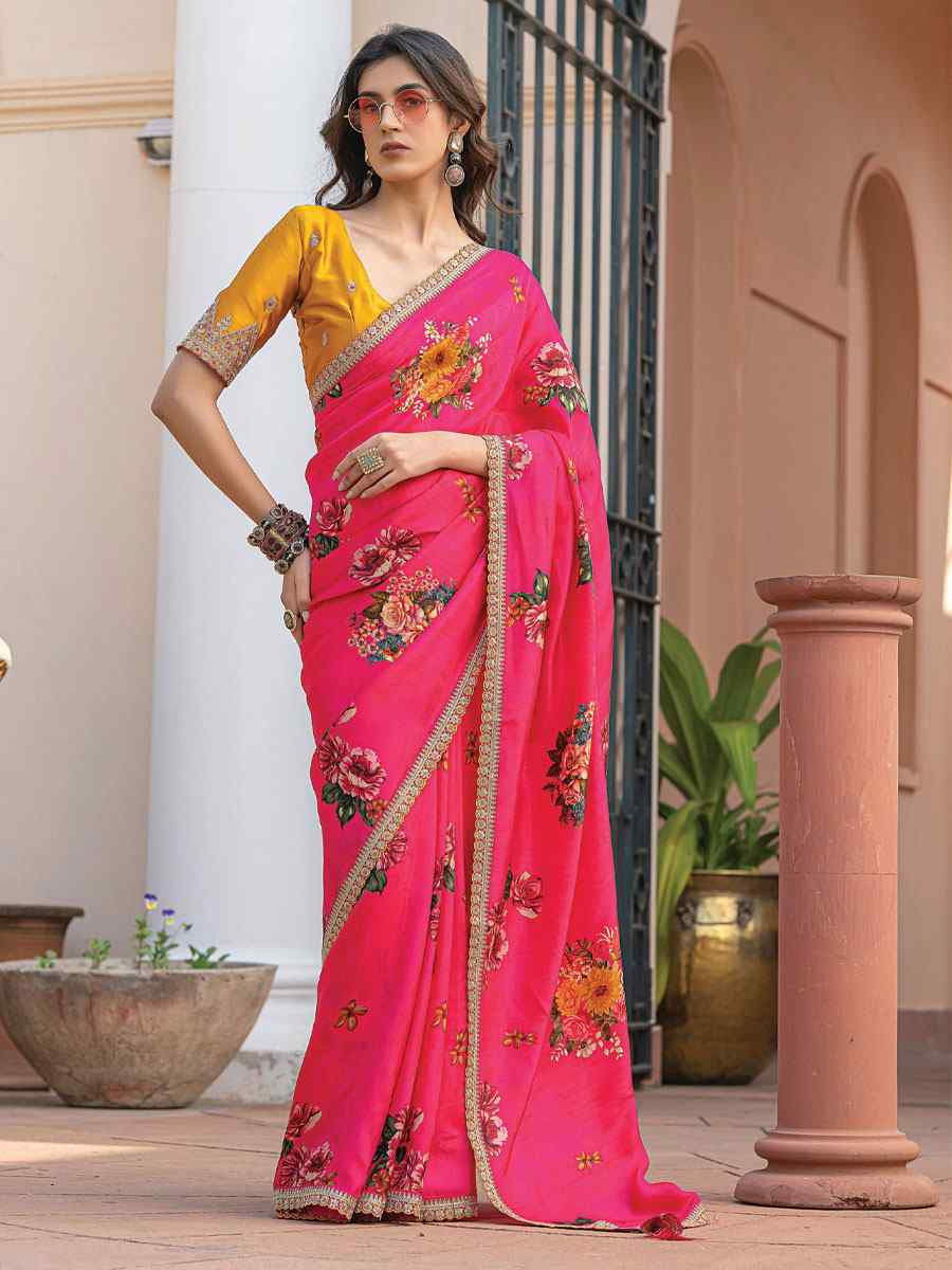 Pink Pure Viscose Dola Silk Embroidery Casual Festival Party Heavy Border Sarees