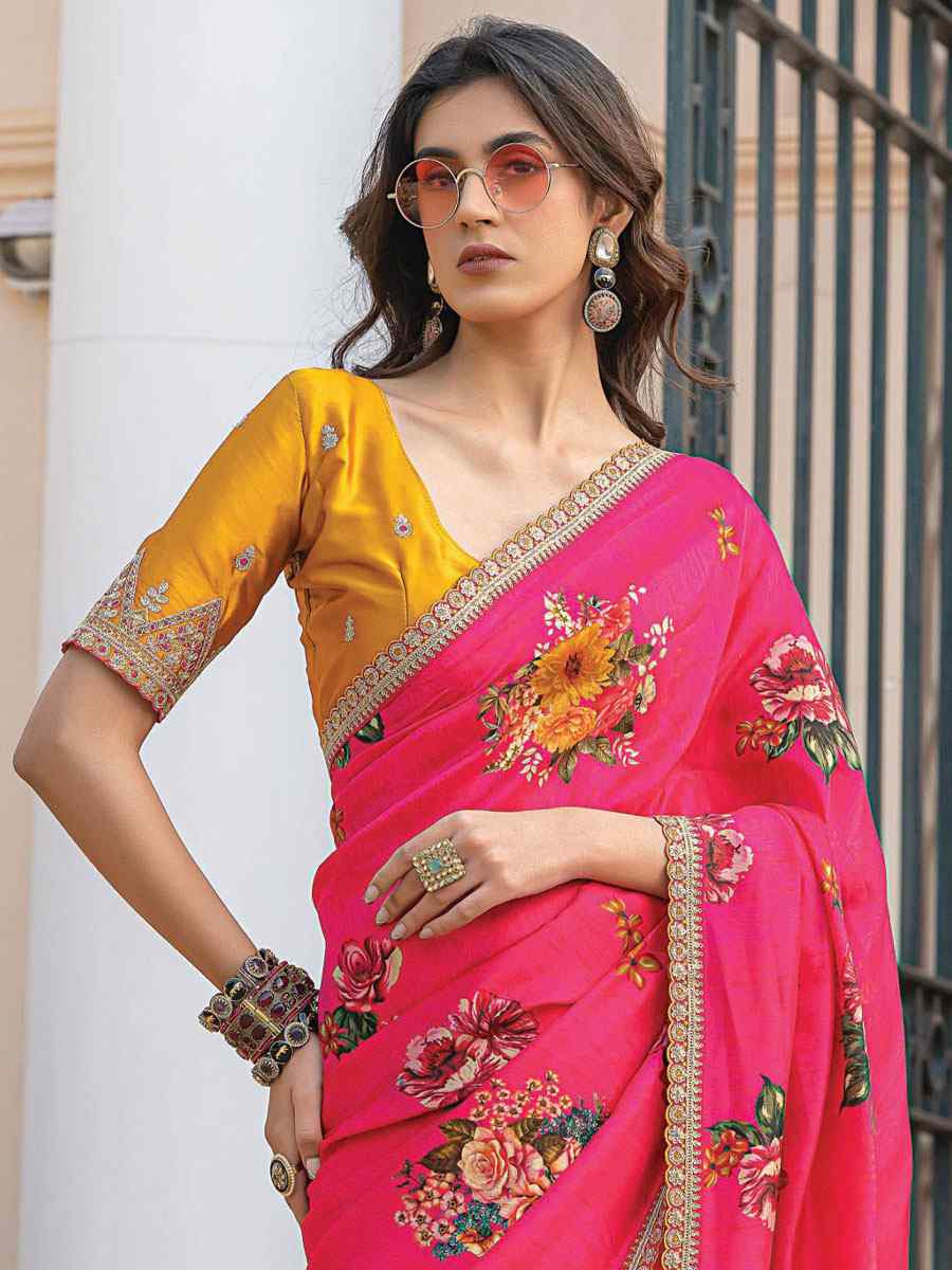 Pink Pure Viscose Dola Silk Embroidery Casual Festival Party Heavy Border Sarees