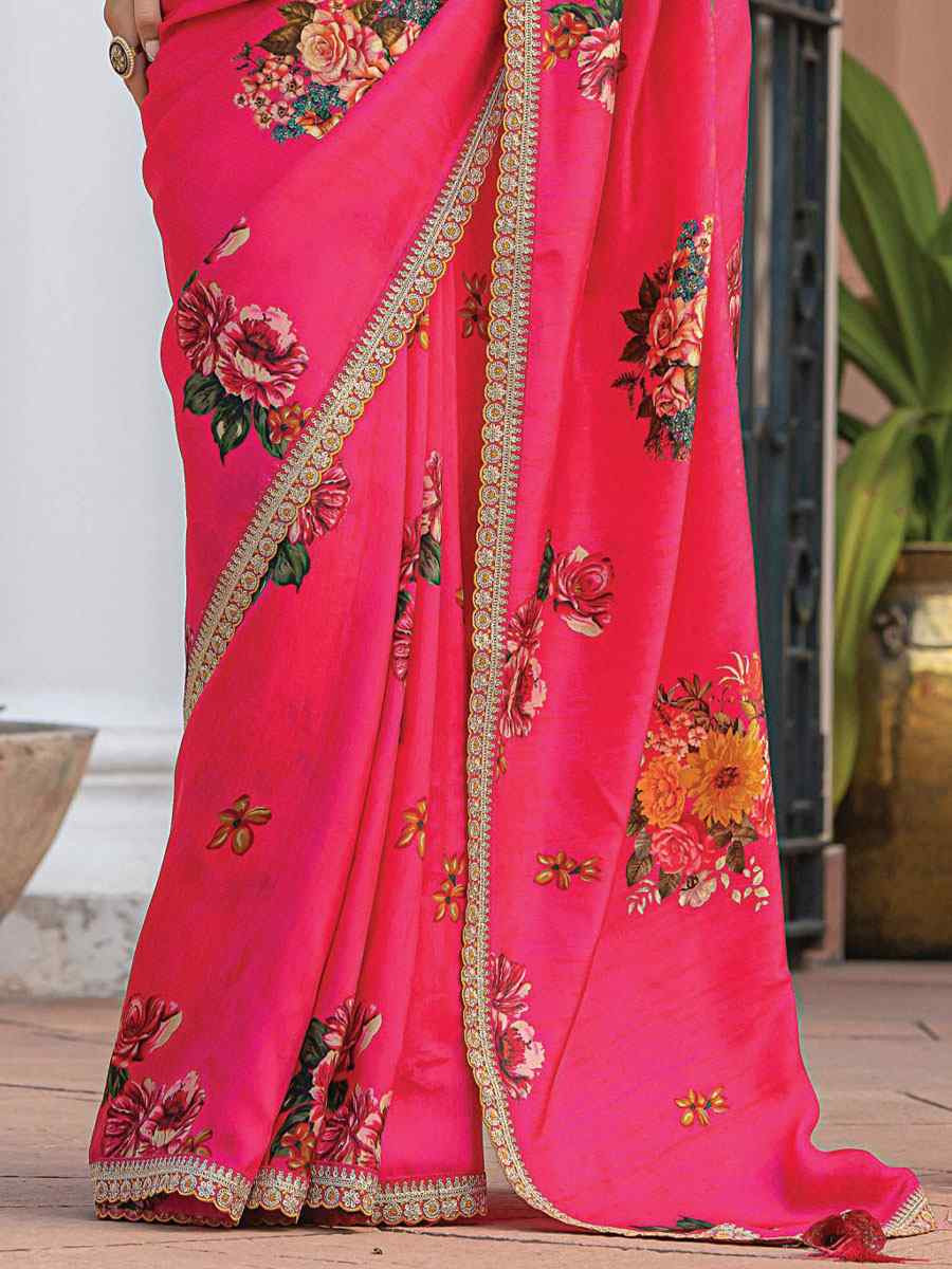 Pink Pure Viscose Dola Silk Embroidery Casual Festival Party Heavy Border Sarees