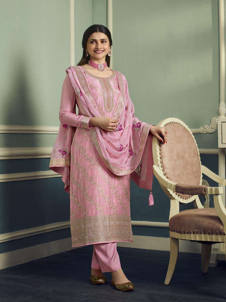 Pink Pure Viscose Jacquard Embroidered Festival Mehendi Pant Bollywood Style Salwar Kameez