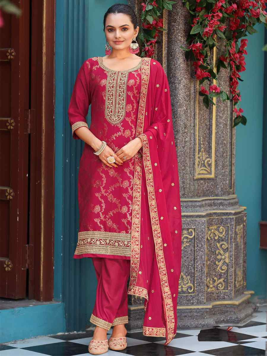 Pink Pure Viscose Jacquard Embroidery Party Wedding Festival Casual Ready Pant Salwar Kameez